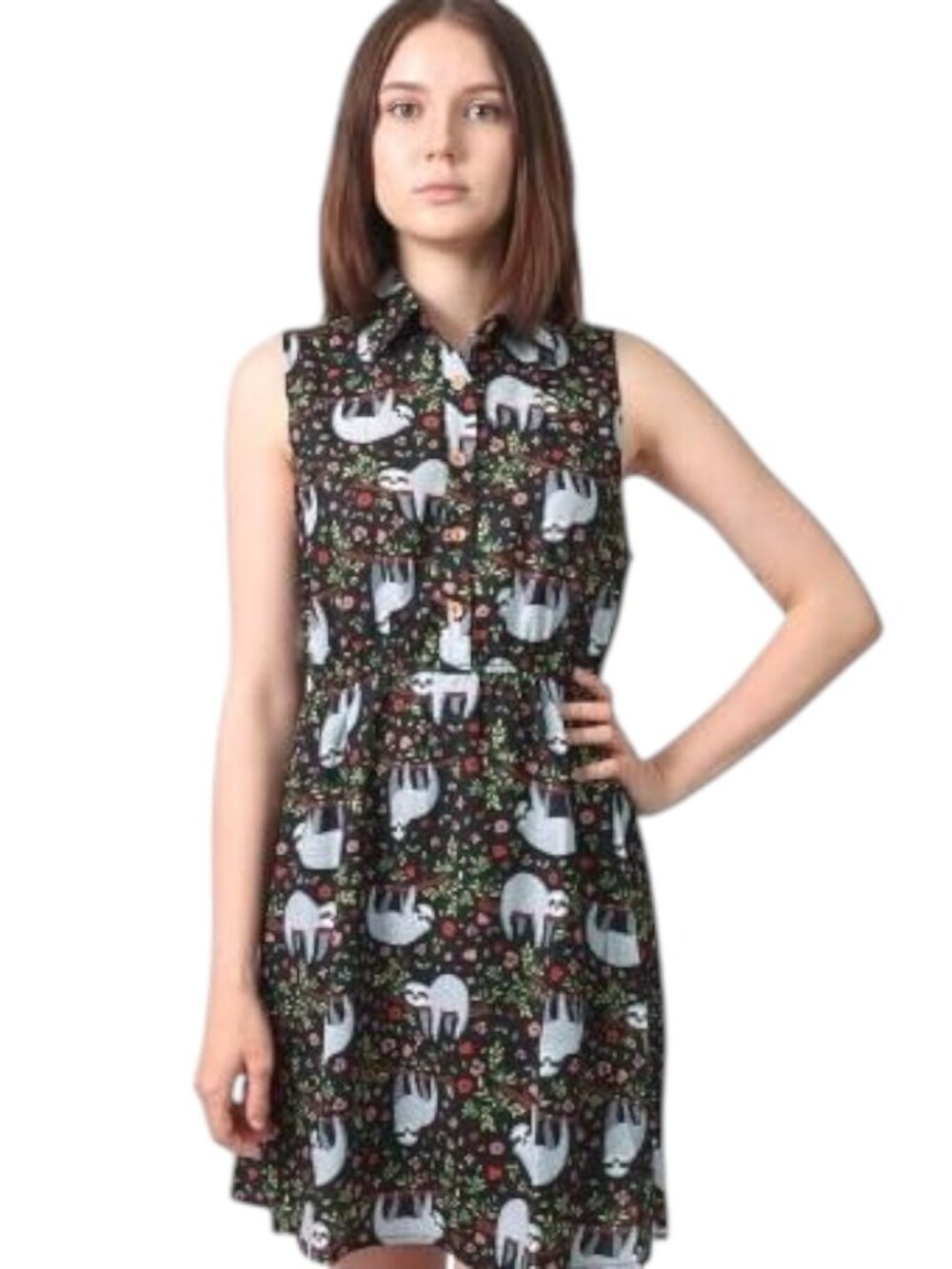 La Vie Lente Sloth Animal Print Sleeveless Shirt Dress